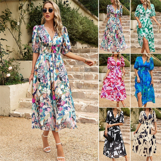 🎁Vente chaude 49% de réduction⏳Robe élégante à col en V imprimée de fleurs à la taille
