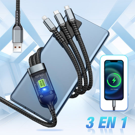 🔥2025 Ventes Chaudes🔥Chargement super rapide 100w, câble de données transparent 3-en-1