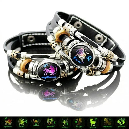 ⭐ 50% OFF NOW! 🐾 Glow-in-the-Dark Leather Zodiac Bracelet – Glows at night, adjustable & unisex – Perfect for zodiac lovers & everyday wear ✨