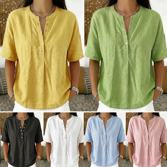 Haut unisexe décontracté et ample, couleur unie – Col Henley boutonné, mélange de coton et de lin