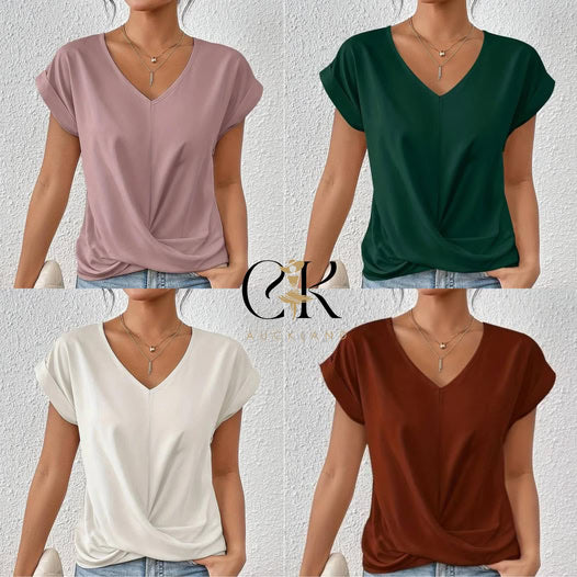 💥 GRANDE VENTE👚 T-shirt élégant à manches courtes avec col en V torsadé