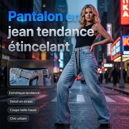 Jean Large pour Femme Orné de Strass avec Ceinture