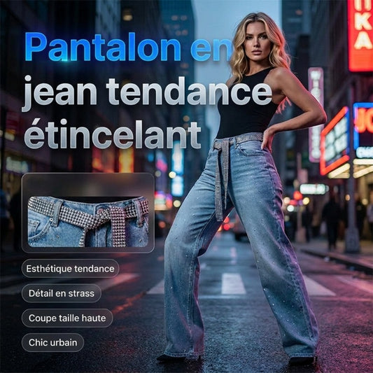 Jean Large pour Femme Orné de Strass avec Ceinture