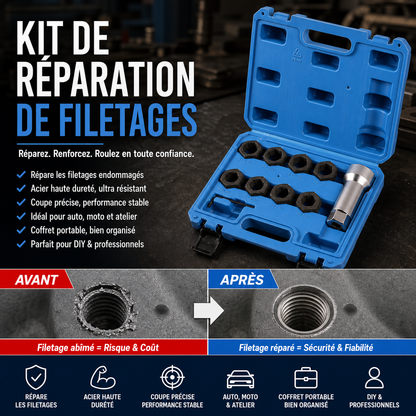 🚗 Lot de 10 Outils de Réparation de Filetages Auto – Acier Rapide (HSS) & Inserts Inox – Kit Helicoil/Recoil for M5–M12