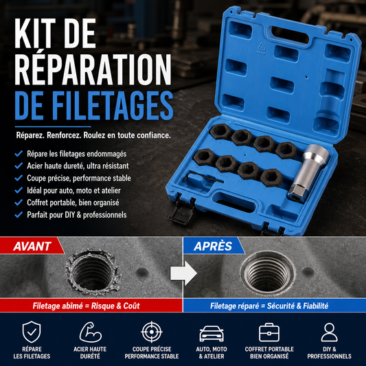 🚗 Lot de 10 Outils de Réparation de Filetages Auto – Acier Rapide (HSS) & Inserts Inox – Kit Helicoil/Recoil for M5–M12