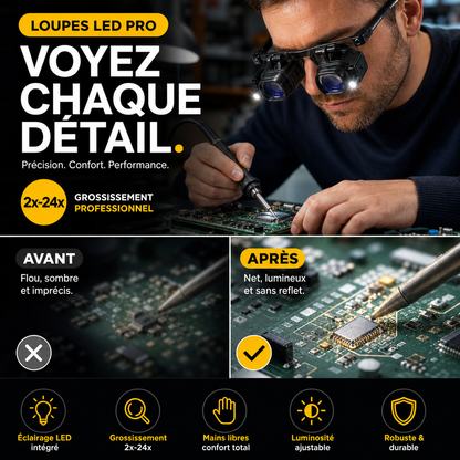 🔍💡 Loupe de Précision avec Éclairage LED – Lentilles Interchangeables, Grossissement 2× à 25× et 2 Configurations