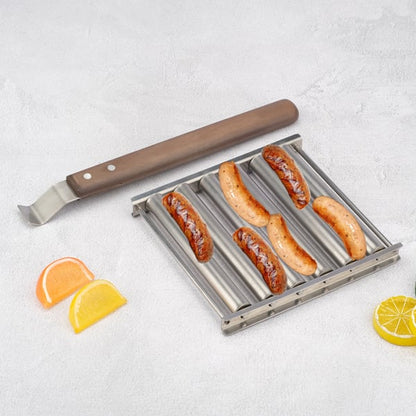 Rouleau à hot-dogs pour barbecue en acier inoxydable avec poignée en bois