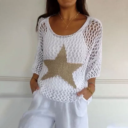 🔥Fête des mères - 50% de réduction🔥Haut en résille tricoté au crochet à col rond pour femmes