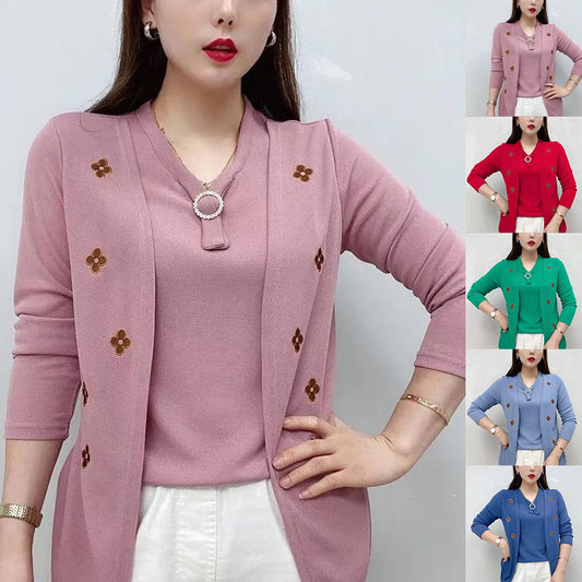 🍂 Achetez 2 livraison gratuite🍂Elégant top à col en V avec fleurs brodées pour femmes