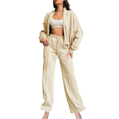Ensemble 2 pièces pour femmes - Manteau à manches longues avec fermeture éclair Pantalon de survêtement avec cordon de serrage