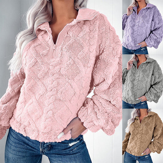 Manteau à Enfiler en Peluche Tendance avec Fermeture Éclair Partielle pour Femmes