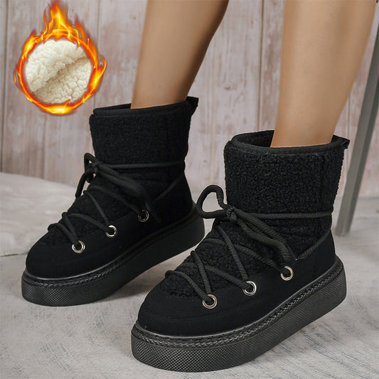 Bottes de neige à lacets à semelle épaisse et doublure en fausse fourrure pour femmes