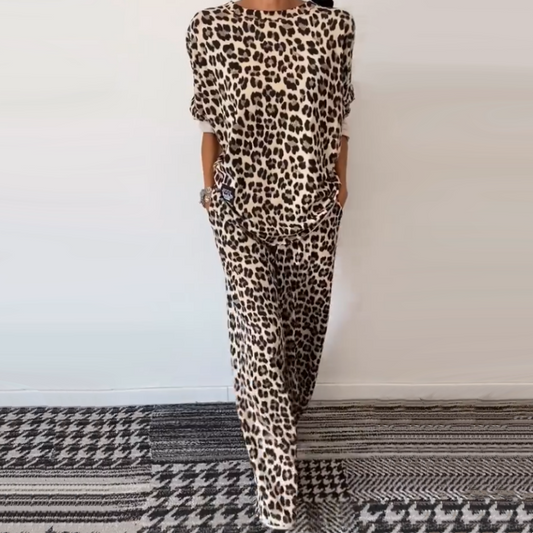🎉Bonne année ! 58% DE RÉDUCTION 🛍️👗 Ensemble deux pièces haut et pantalon à imprimé léopard à col rond