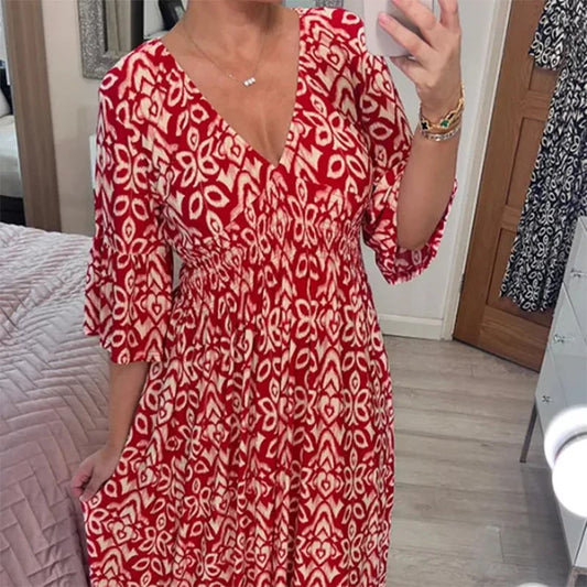 🎉 Liquidation Hors Saison 🎉 Robe Longue Décontractée Imprimée à Col V Bohème
