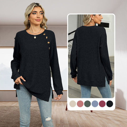 Top en tricot à col rond, couleur unie et ourlet fendu