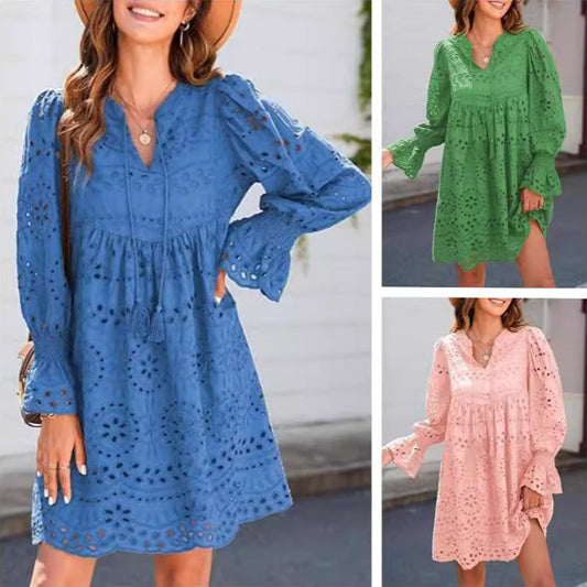 🌸49% de réduction pour une durée limitée🌸🌿Robe ajourée à lacets et col en V pour femme avec manches évasées