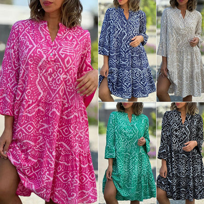 🌺Robe décontractée, ample et fluide, à encolure en V et à motifs