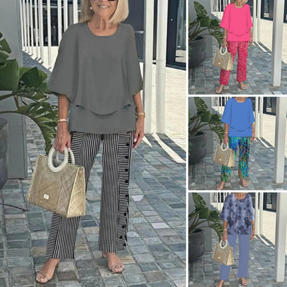 🔥Ensemble pantalon décontracté pour femme avec une encolure ronde et des demi-manches avec un imprimé
