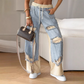 Pantalon large à cordon élastique en denim patchwork
