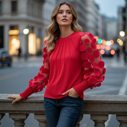 Blouse à manches en tulle avec appliqués 3D pour femme