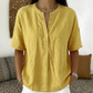 Haut unisexe décontracté et ample, couleur unie – Col Henley boutonné, mélange de coton et de lin