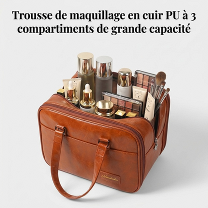 Trousse de maquillage en cuir PU à 3 compartiments de grande capacité
