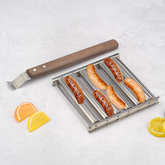 Rouleau à hot-dogs pour barbecue en acier inoxydable avec poignée en bois