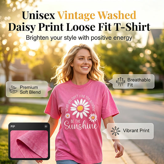T-Shirt Unisexe Vintage Délavé à Imprimé Marguerite Coupe Ample