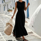 Robe longue portefeuille sans manches à col rond pour femme