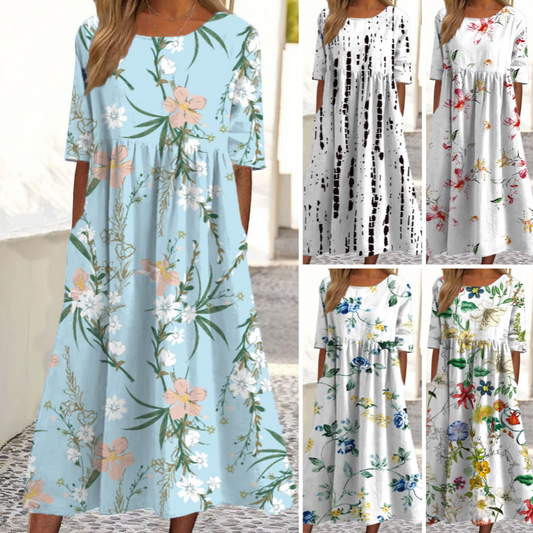 👗🌸Robe longue élégante à imprimé floral et col rond pour femme