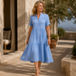 Robe midi à volants, col en V et boutonnée pour femme