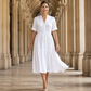 Robe midi à volants, col en V et boutonnée pour femme