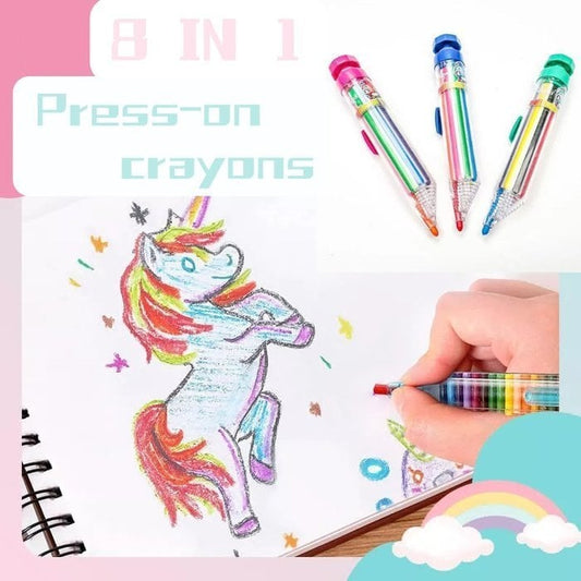 🌈🎨Crayons de couleur à bouton-poussoir 8 couleurs, sans aucun ingrédient chimique, adaptés aux enfants pour dessiner et écrire.