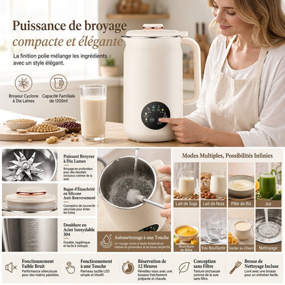 Machine à lait de soja automatique domestique et mélangeur haute performance, 1500 ml de capacité, robot culinaire multifonction sans filtre, équipé de 10 lames et d'une cuve intérieure en acier inoxydable 304