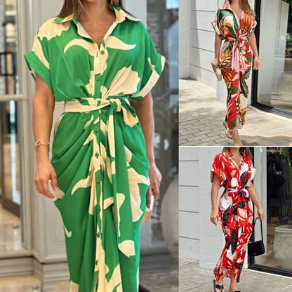 Robe chemise décontractée à revers et taille imprimée
