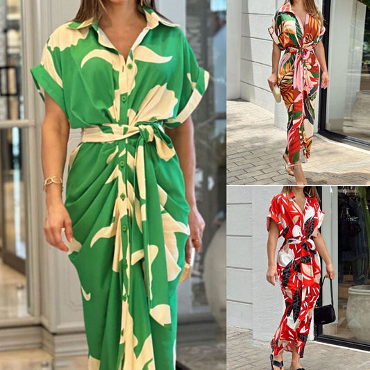 Robe chemise décontractée à revers et taille imprimée