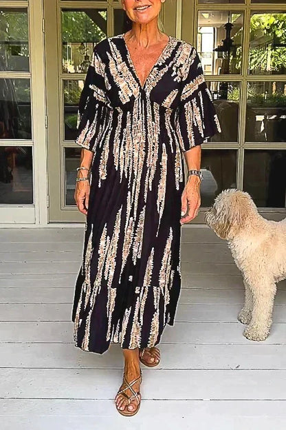 🔥Vente du dernier jour 49%🔥Robe midi à manches 3/4 avec imprimé rétro